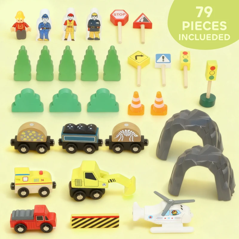 Qaba 79Pcs Wooden Train Set Mine Themed with Crane, Helicopter, Track & Accessories, for Boys & Girls 3+ Years Old
