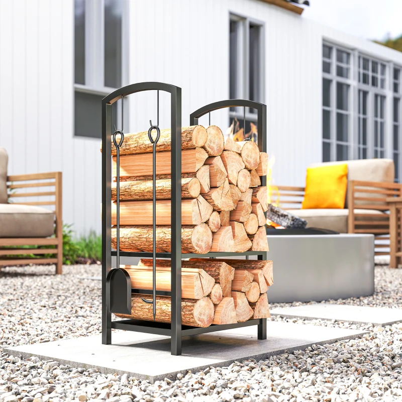 Outsunny 2-Tier Firewood Log Rack with 4 Tools, Fireplace Wood Storage Holder with Shovel, Broom, Poker, Tongs and Hooks, Black