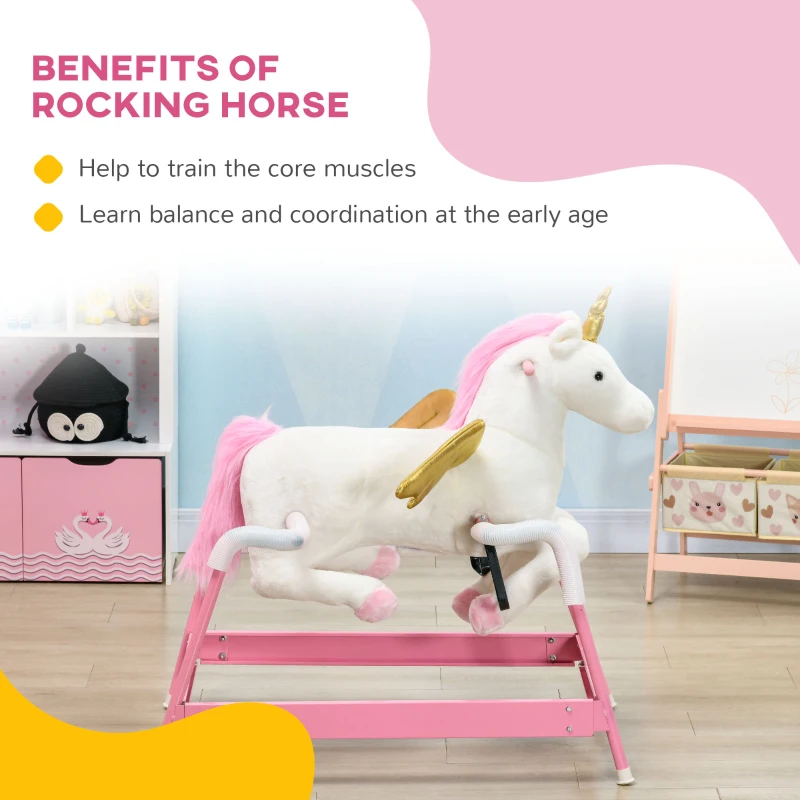 Qaba Kids Spring Rocking Horse Unicon, Ride on Horse for Girls and Boys with Sounds, Plush Animal Ride-on Toy with Soft Feel, Interactive Toy for Kids, Pink