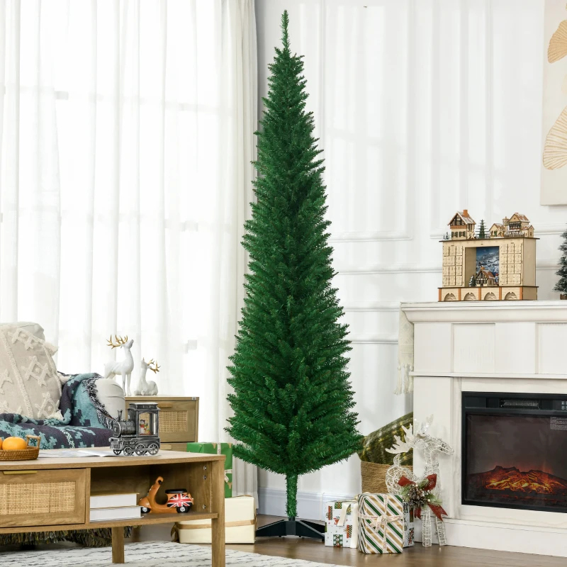 HOMCOM 7ft Unlit Pencil Artificial Christmas Tree with Realistic Branches and 499 Tips, Plastic Base, Light Green