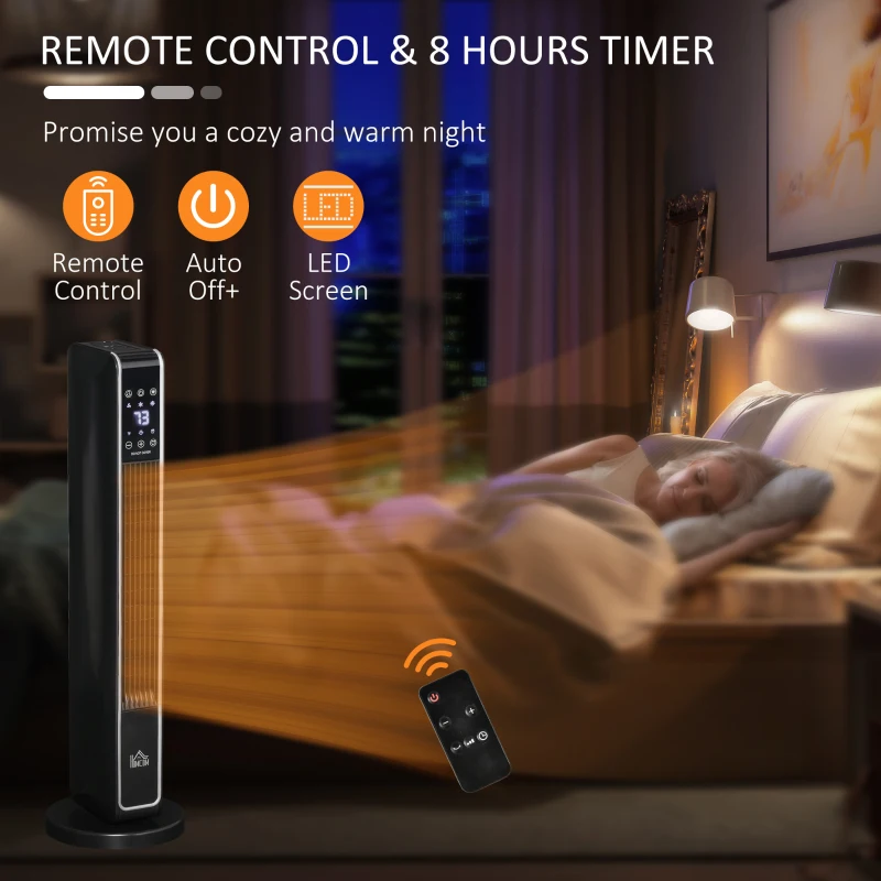 HOMCOM 2-In-1 Portable Electric Tower Heater, Oscillating Space Heater for Indoor Use with Remote Control, 8H Timer, Three Heating Modes(High, Low, Fan), 750W / 1500W, Black