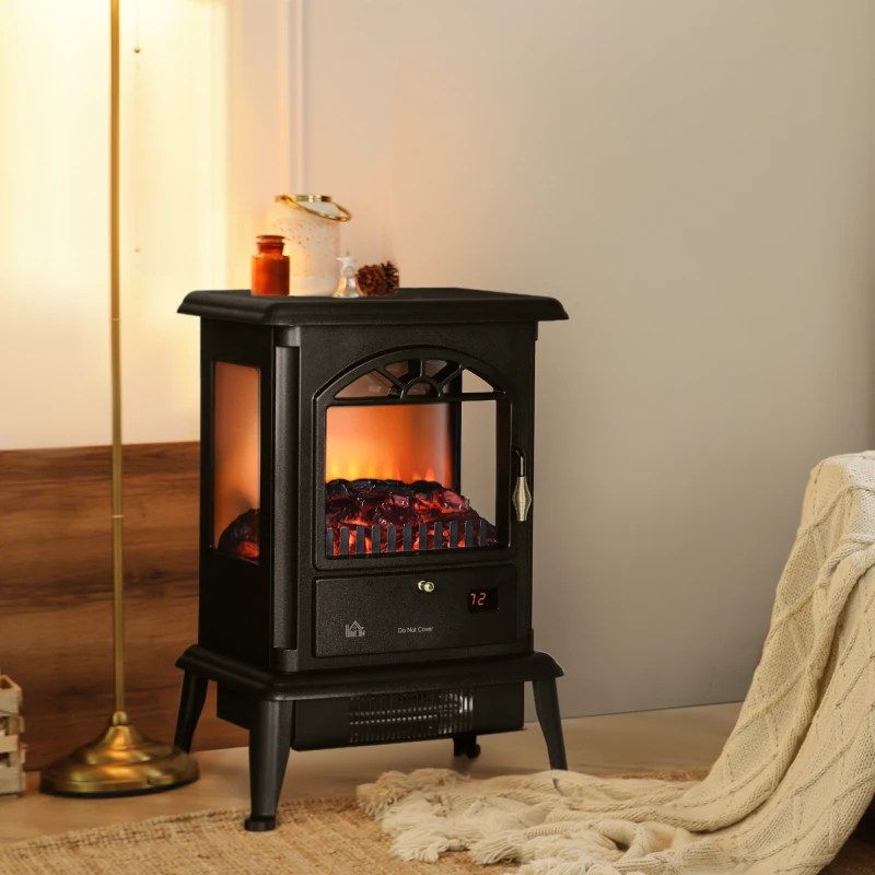 HOMCOM 23" Electric Infrared Fireplace Stove, Freestanding Fire Place Heater with Realistic Log Flame, Timer, Black