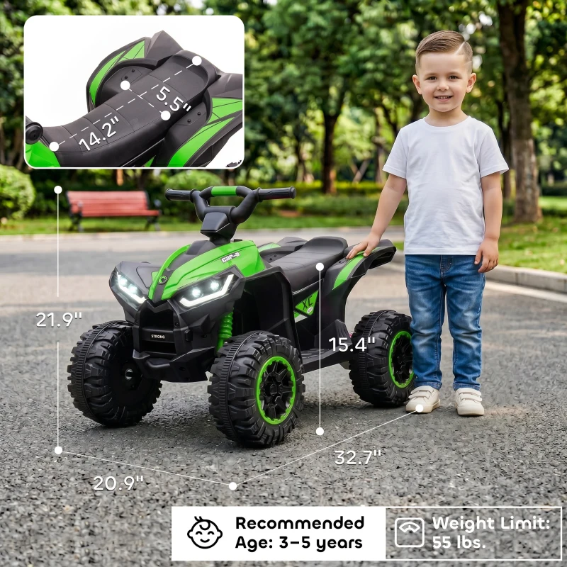 Aosom Kids ATV 4 Wheeler, 12V Kids Ride On Toy with Dual Motors, High & Low Speed, Music, Headlights, Up to 3.7 MPH, Green