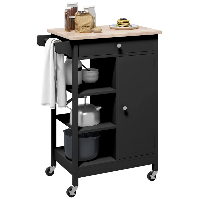HOMCOM Modern Rolling Kitchen Island Cart with Drawer, Natural Wood Top, Towel Rack, Door Storage Cabinet, Black