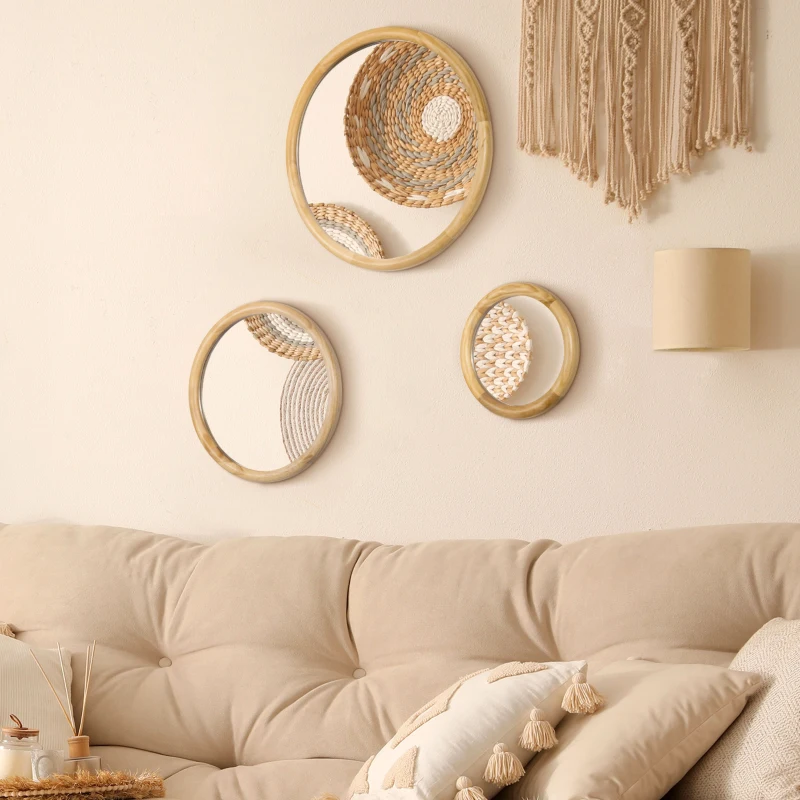 HOMCOM Set of 3 Wood Wall Mirror, Home Modern Round Mirror for Wall in Living Room, Bedroom, Natural