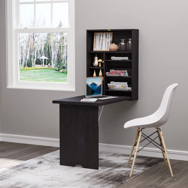 HOMCOM Wall Mounted Fold Out Convertible Desk, Multi-Function Floating Desk with Storage Shelf for Home Office, Espresso Brown