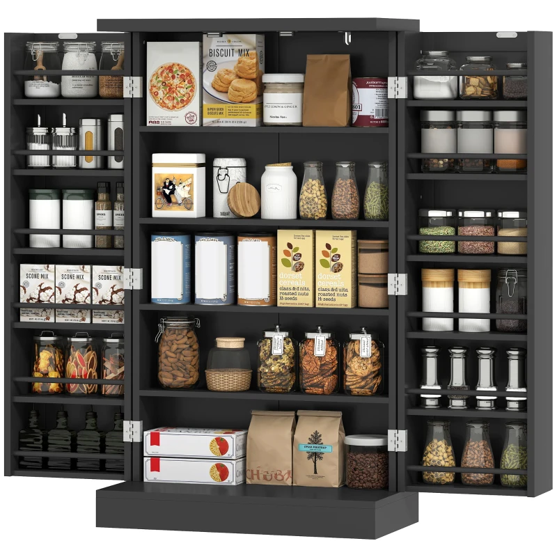 HOMCOM Freestanding Kitchen Pantry Storage Cabinet Kitchen Cabinet with 5-Tier Shelf 12 Spice Racks Adjustable Shelves Black