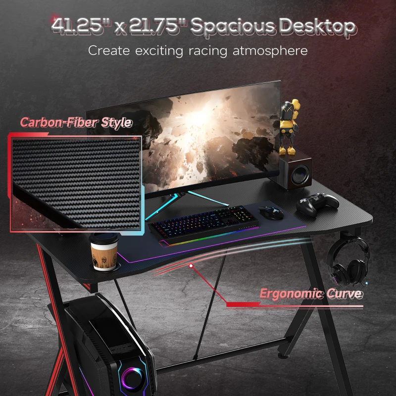 HomCom 41 inch Gaming Computer Desk, Home Office Gamer Table Workstation with Cup Holder, Headphone Hook, Cable Management, Carbon Fiber Surface