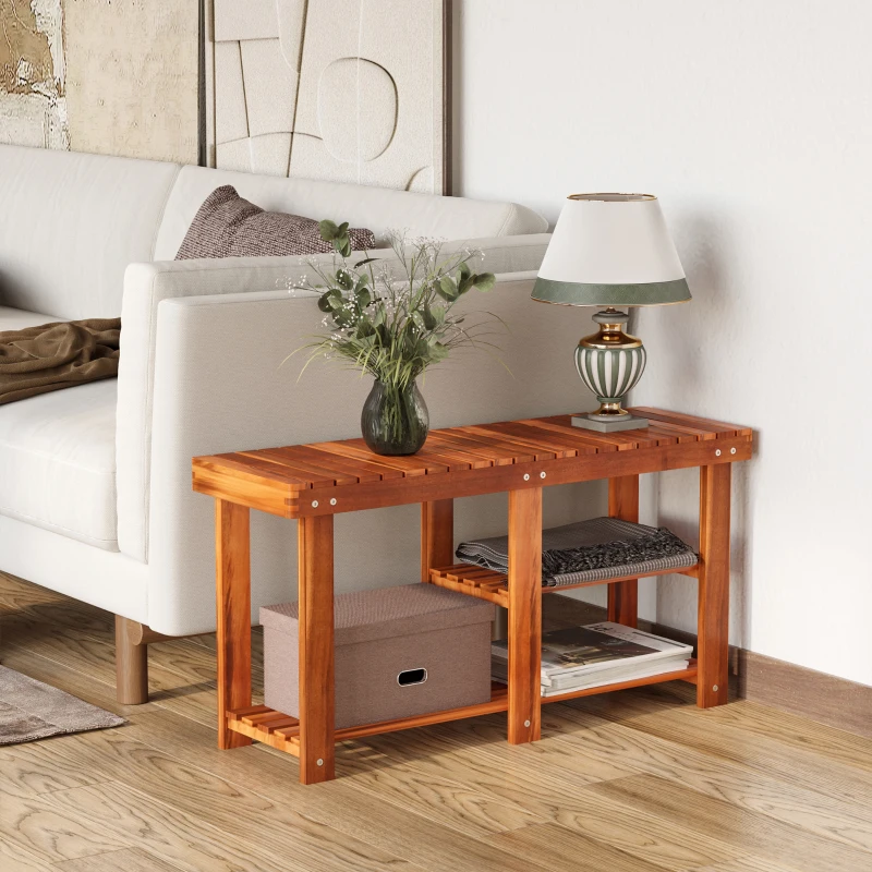 HOMCOM 3-Tier Shoe Rack Bench, Acacia Wood Shoe Organizer, Rustic Entryway Bench with Storage Shelves for Entryway, Teak