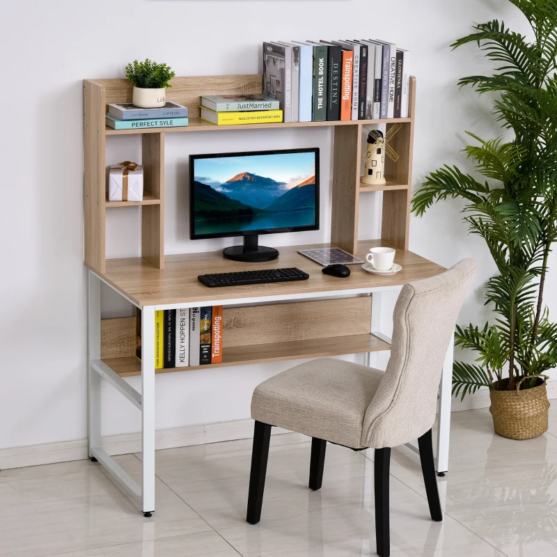 HOMCOM Office Computer Desk Writing Table Workstation with Storage Shelves,  Decorative Hutches, & Strong Build, Oak