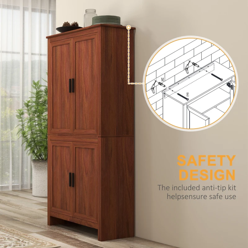 HOMCOM 64" 4-Door Kitchen Pantry, Freestanding Storage Cabinet with 3 Adjustable Shelves for Kitchen, Brown
