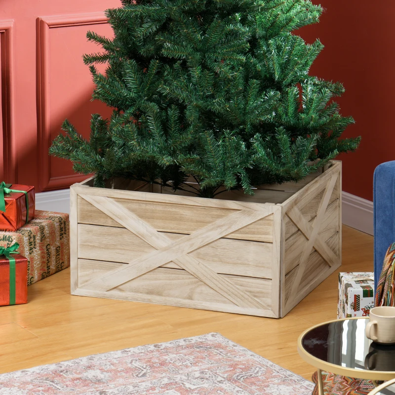 HOMCOM 28" Farmhouse Christmas Tree Base Cover Wooden Christmas Tree Collar Box Home Decoration, Light Distressed Wood Finish