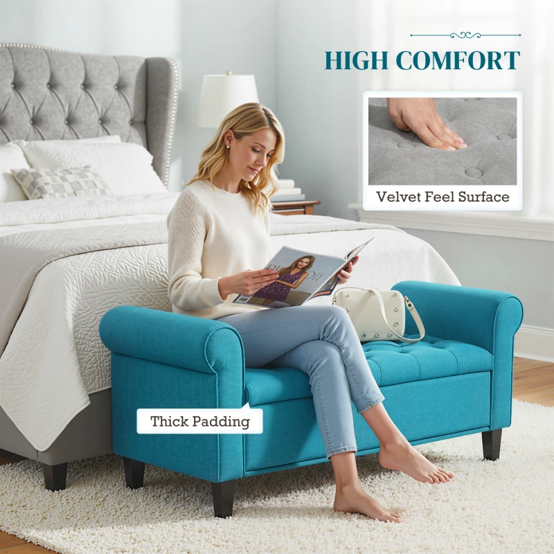 HOMCOM 50 Inches Storage Ottoman, End of Bed Bench with Rolled Arms, Wood Legs, Button Tufted Storage Bench, Teal