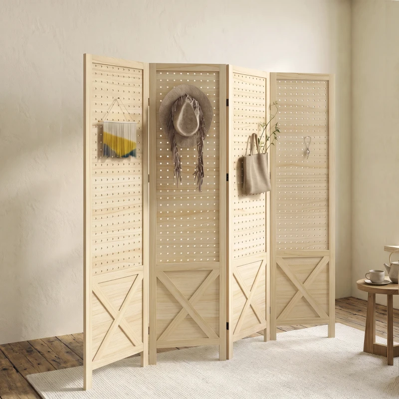 HOMCOM 4.7' 4 Panel Wooden Room Divider with Pegboard Display, Folding Privacy Screen for Home Office, Natural