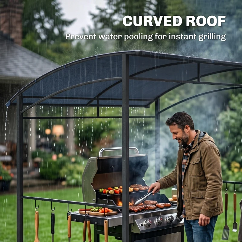 Outsunny 7' x 5' BBQ Grill Gazebo Tent, Garden Grill Canopy with Steel Frame and Hooks, Outdoor Sun Shade, Grey