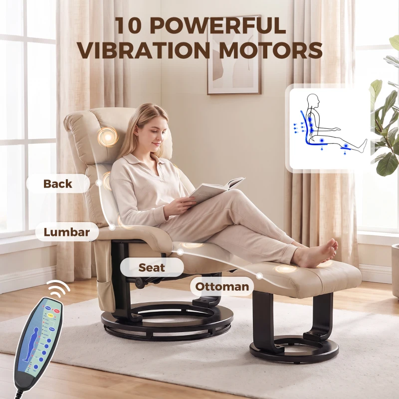 HOMCOM Massage Recliner Chair with Ottoman, 360° Swivel Recliner and Footstool, 10-Point Vibration, Beige