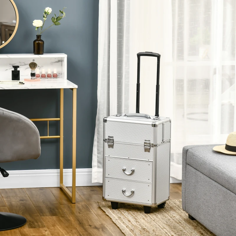 HOMCOM Aluminum Rolling Makeup Train Case, Portable Professional Cosmetic Makeup Case, Lockable Traveling Cart Trunk with Folding Trays, Swivel Wheels and Keys, Silver