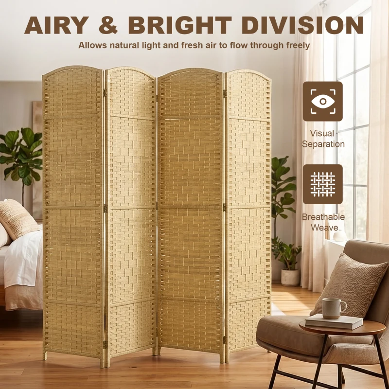HOMCOM Folding Room Divider Screen 4 Panel 6' Tall Privacy Screen Freestanding Wood Partition for Home Office, Nature Wood