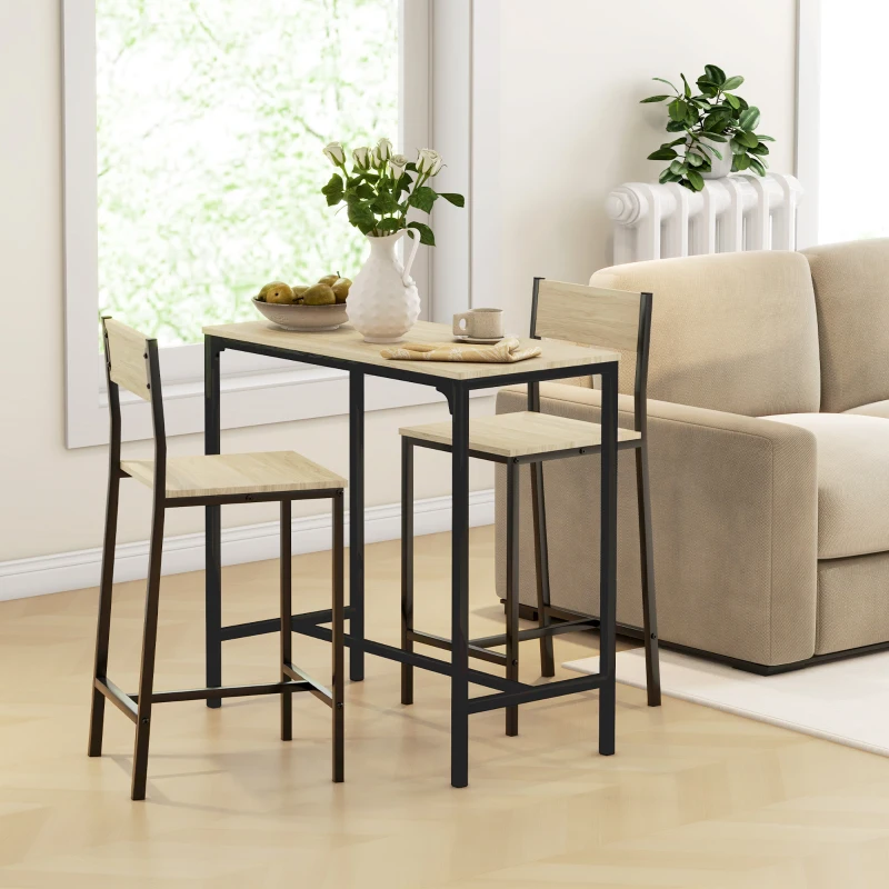 HOMCOM 3 Piece Pub Table and Chairs for 2, Bar Table and Stools with Footrest for Small Space, Oak