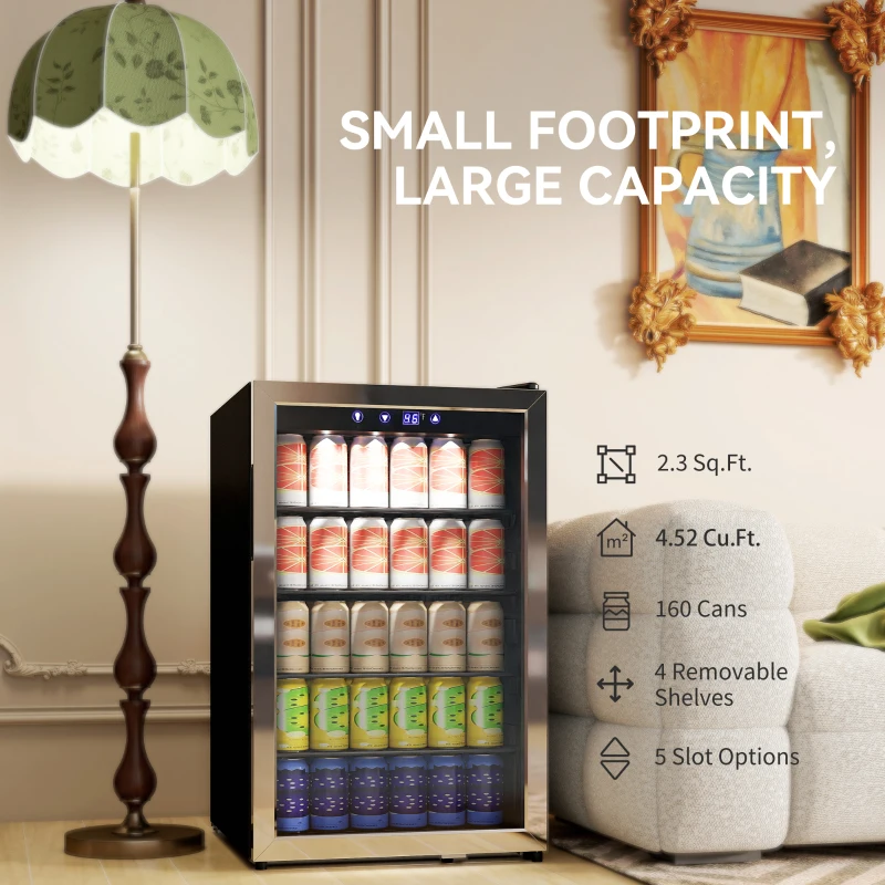 HOMCOM 160 Can Beverage Fridge 4.52 Cu.Ft. Beer Fridge with Double-Layer Glass Door Adjustable Shelves for Beer Soda Drink Wine