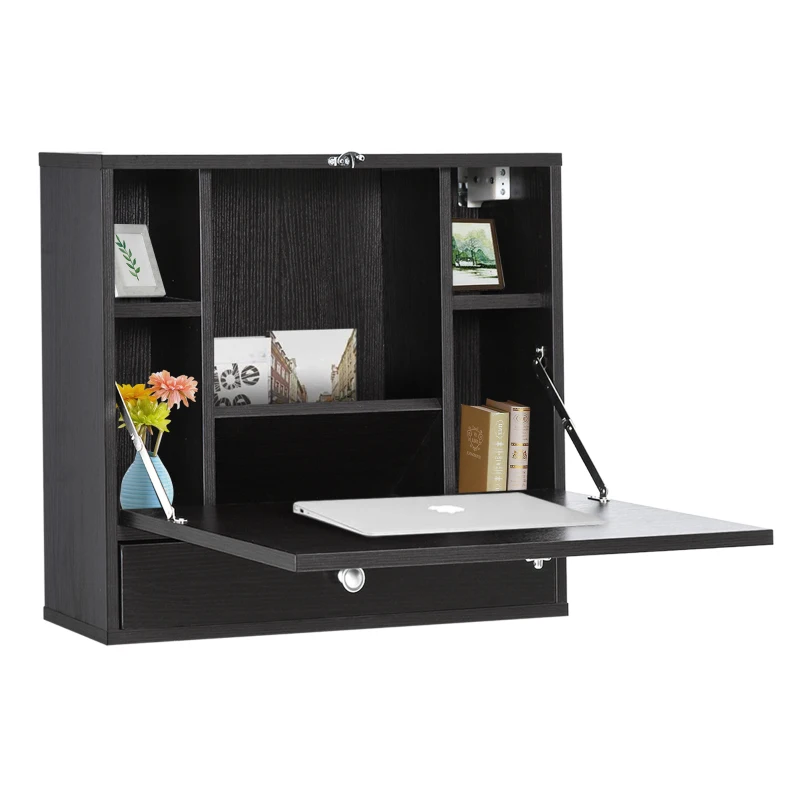 HOMCOM Wall Mounted Desk with Storage Shelves, Floating Desk with Foldable Tabletop, Space Saving Computer Writing Table for Home Office, 23.5 x 6 x 19.75 Inch, Black