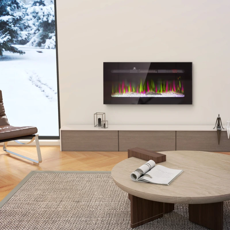 HOMCOM 36" Recessed or Wall Mounted Electric Fireplace Heater with Remote Control, Adjustable Flame Color and Brightness