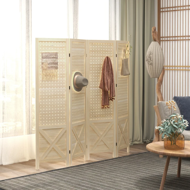 HOMCOM 4.7' 4 Panel Wooden Room Divider with Pegboard Display, Folding Privacy Screen for Home Office, Natural