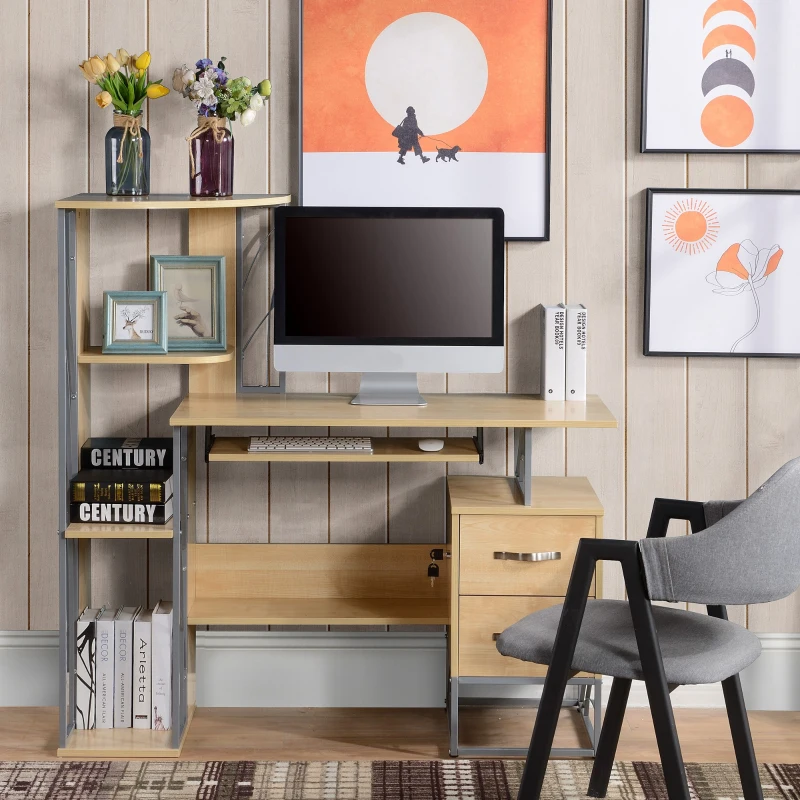HOMCOM Modern Computer Desk with 4-Tier Bookshelf, Home Office Writing Table Workstation with Tower Storage Shelves Keyboard Tray & Lockable Drawers, Natural