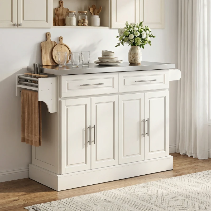 HOMCOM Rolling Kitchen Island with Stainless Steel Top, 2 Drawers, Spice, Knife and Towel Rack and Cabinets, Cream White