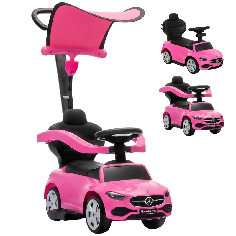 Qaba 3 in 1 Toddler Push Car Licensed Mercedes-Benz with Push Handle, Canopy, Guardrails, Horn, Music for 18-36 Months, Pink