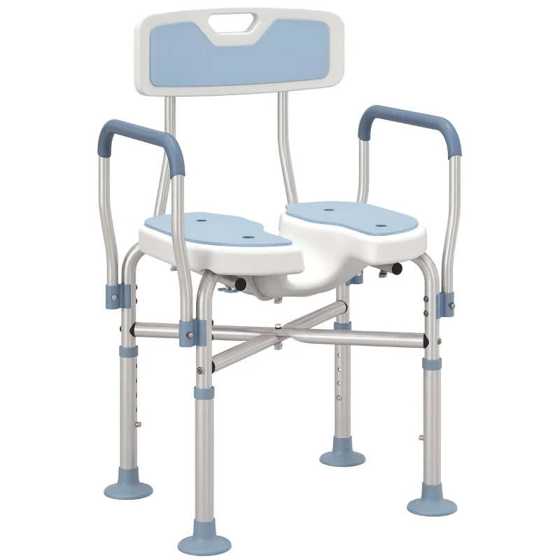HOMCOM Bath Seat with Adjustable Height, Anti-slip, HDPE Padded Shower Chair with Arms and Back, Light Blue
