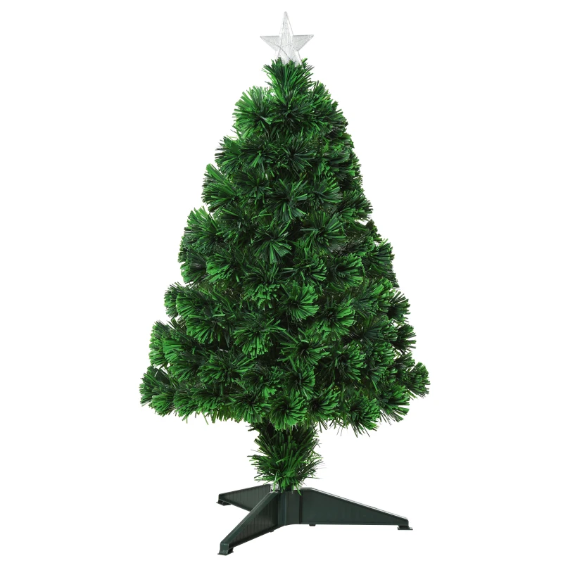 HOMCOM 2.5FT Prelit Artificial Tabletop Christmas Tree with Fibre Optics Holiday Home Xmas Decoration for Table and Desk Geen