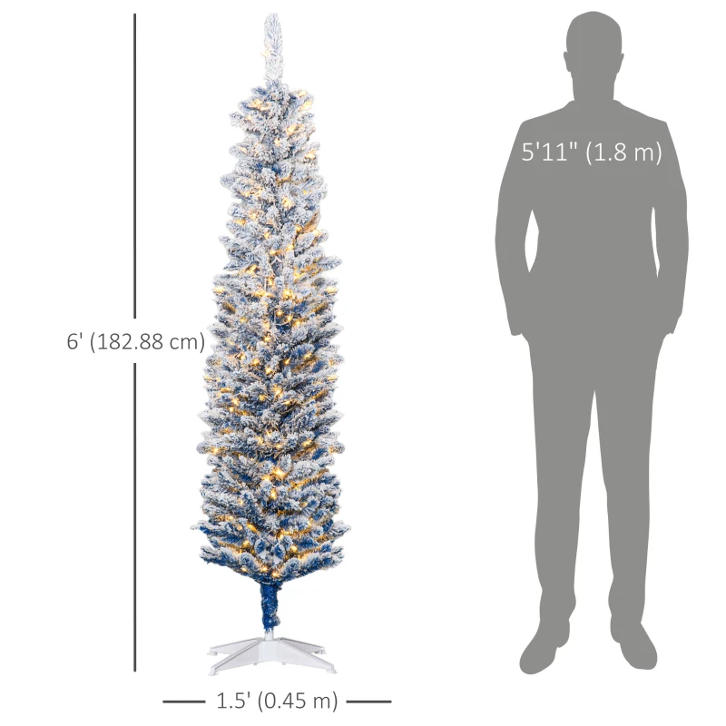 HOMCOM 6' Flocked Christmas Trees, Pencil Prelit Artificial Christmas Tree with Snow Branches, Blue