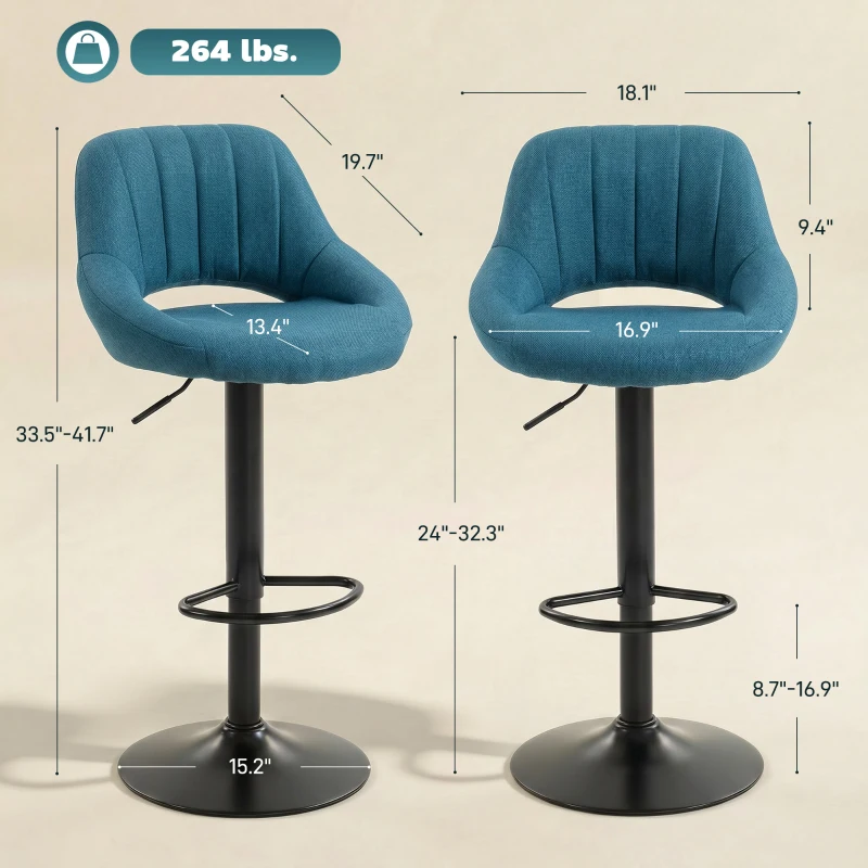 HOMCOM Bar Stools Set of 2, Swivel Bar Height Barstools Chairs with Adjustable Height, Round Heavy Metal Base, and Footrest, Blue