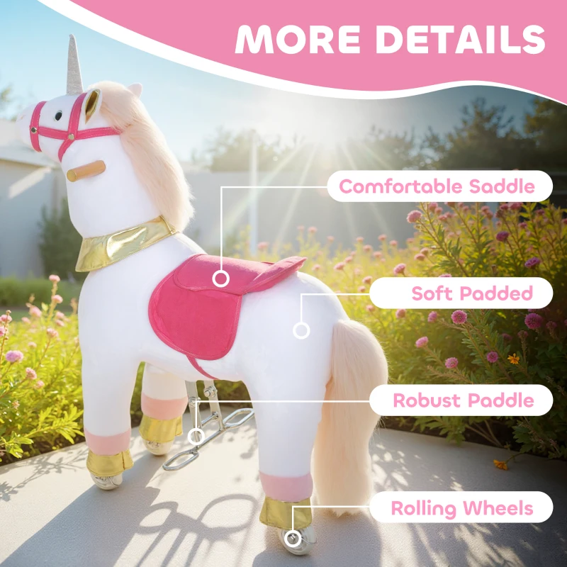 Qaba Ride on Unicorn Toy for Kids 3-5 Years, 29.5 Inch Plush Baby Rocking Horse with Wheels, No Battery Required, White