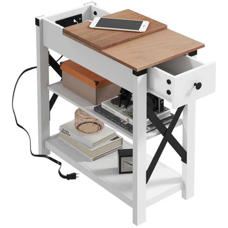 HOMCOM End Side Table with Charging Station, 2 USB Ports and 1 Outlet for Living Room, Bedroom, 11.75" x 23.5" x 24.5", White
