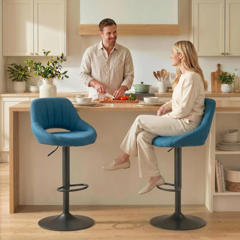 HOMCOM Bar Stools Set of 2, Swivel Bar Height Barstools Chairs with Adjustable Height, Round Heavy Metal Base, and Footrest, Blue