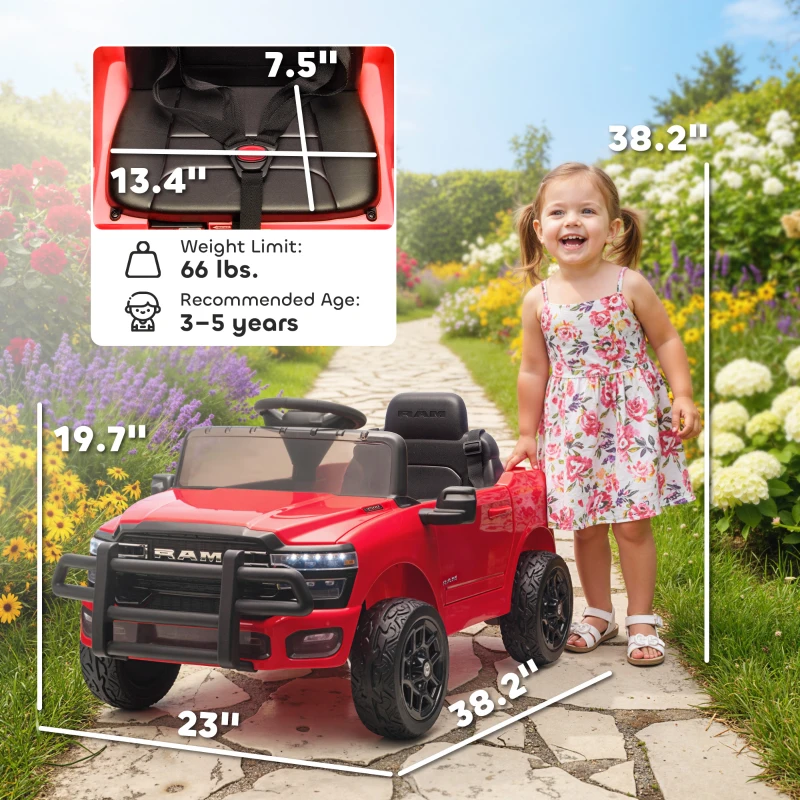 Qaba 12V Kids Ride on Car, Licensed Dodge RAM 3500 Ride on Toys with Dual Motors, Remote Control for Toddlers, Red