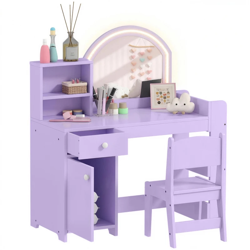 Qaba Kids Vanity Set, Toddler Dressing Table and Chair Set  with Lighted Mirror, Cabinet, Drawer and Shelves, Purple