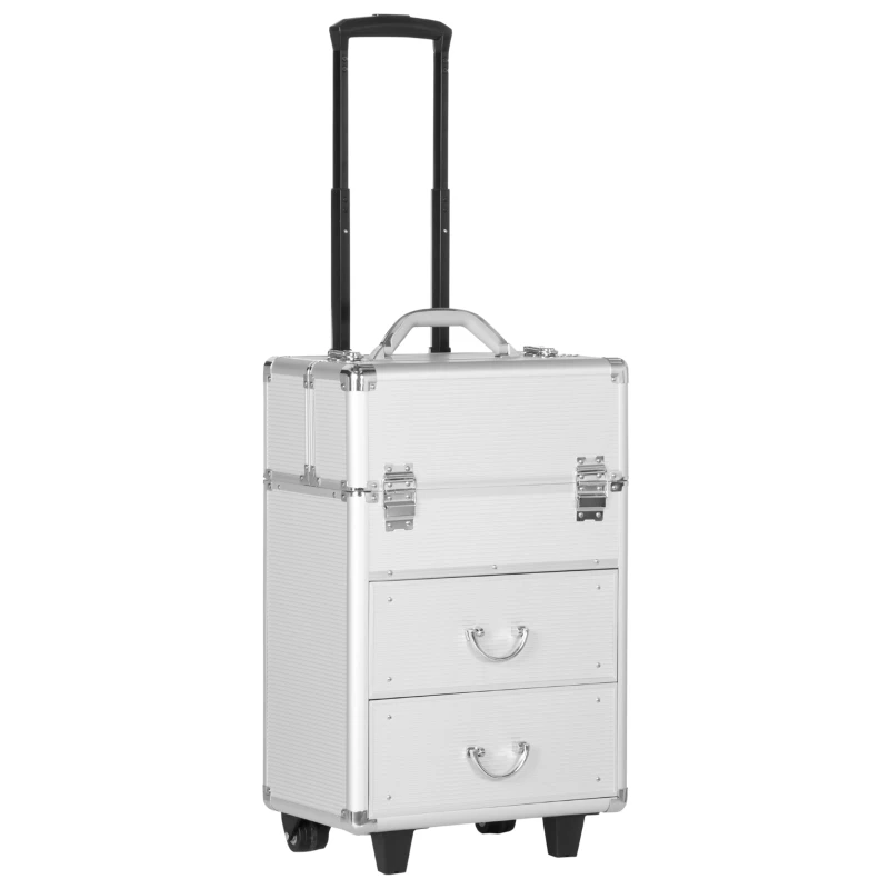 HOMCOM Aluminum Rolling Makeup Train Case, Portable Professional Cosmetic Makeup Case, Lockable Traveling Cart Trunk with Folding Trays, Swivel Wheels and Keys, Silver