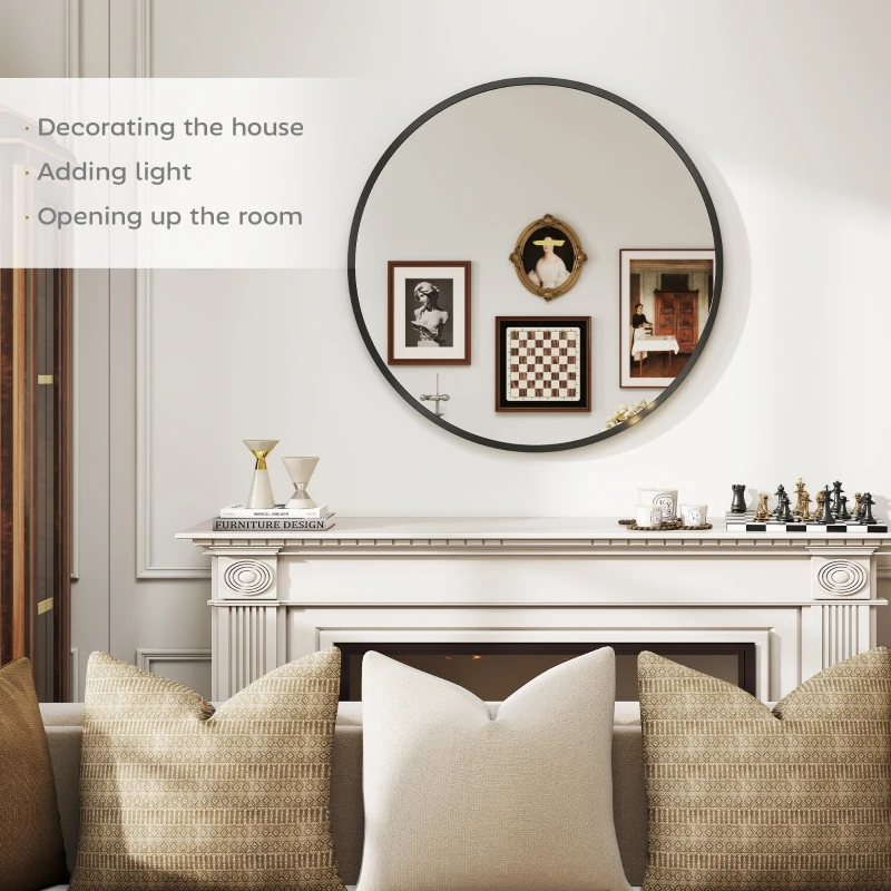 HOMCOM 30" Round Mirror, Bathroom Wall Mirror with Metal Frame, Decorative Vanity Mirror for Living Room, Bedroom, Black