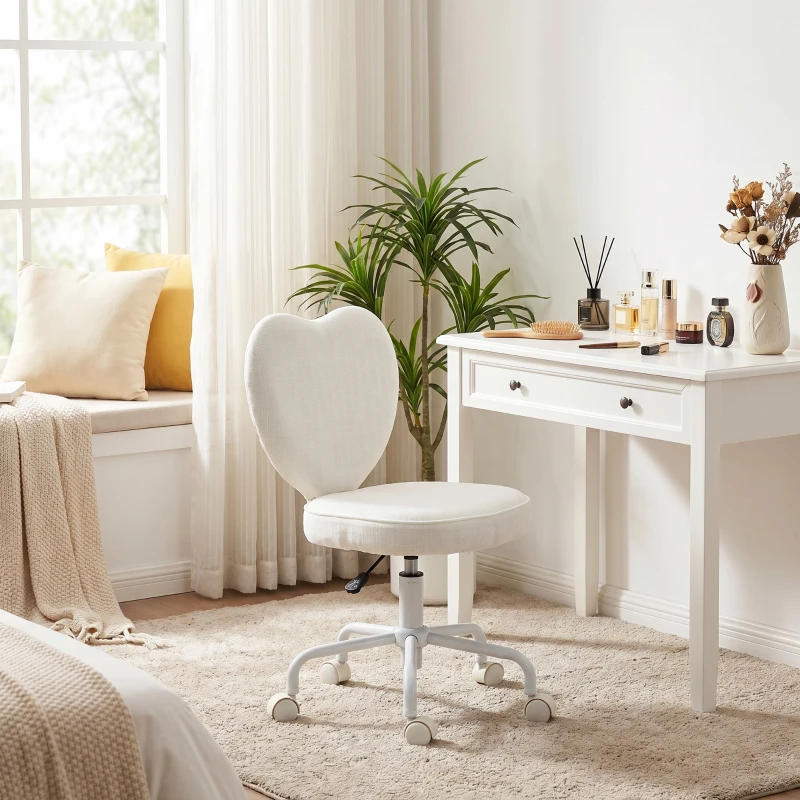 HOMCOM Heart Love Shaped Back Design Vanity Chair,  Office Chair with Adjustable Height and 360 Swivel Castor Wheels, White