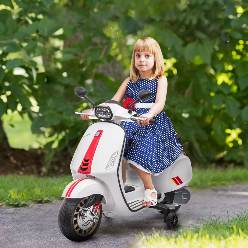 Qaba Vespa Licensed Kids Motorcycle 6V Toddler Motorcycle with Music, FM Radio, Headlight, WHite