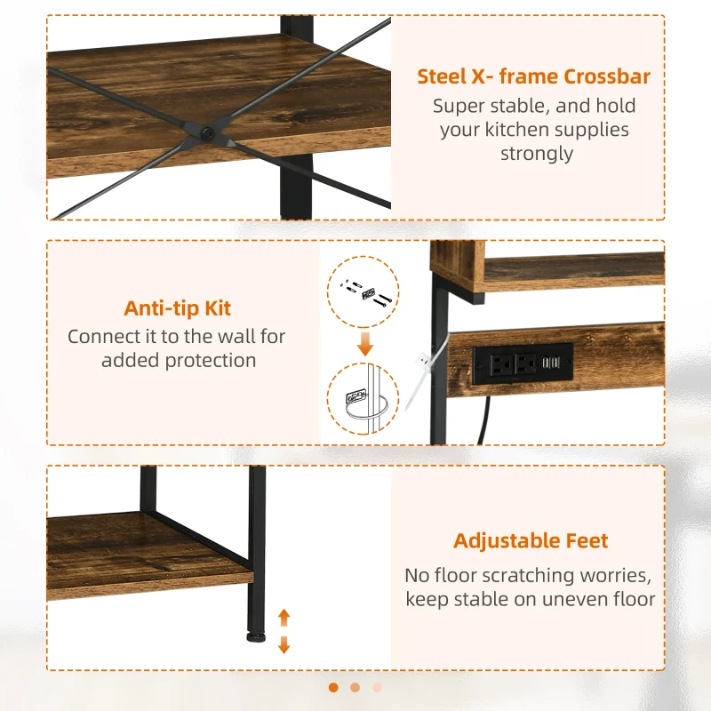 HOMCOM Kitchen Bakers Rack with Power Outlet, USB Charger, Microwave Stand, Coffee Bar with Adjustable Shelves, 5 Hooks for Spices, Pots and Pans, Rustic Brown