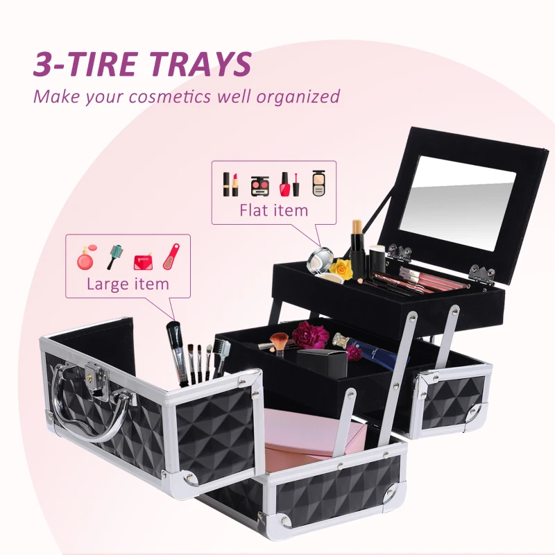 HOMCOM 3 Tier Diamond Texture Makeup Train Case Cosmetic Organizer with Mirror, Black