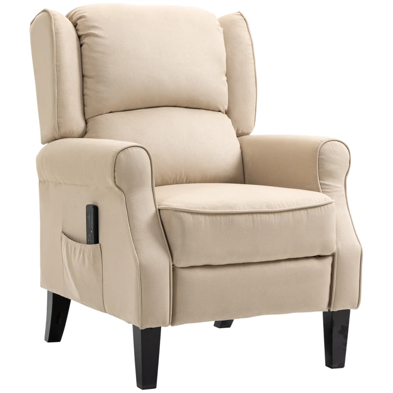 HOMCOM Massage Recliner Chair for Living Room, Push Back Recliner Sofa, Suede Wingback Reclining Chair with Extendable Footrest, Wood Legs, Remote Control, Side Pockets, Beige