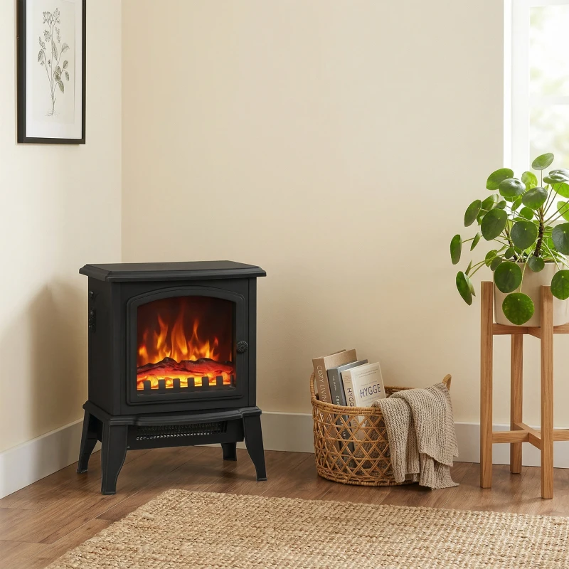 HOMCOM Electric Fireplace Heater, Freestanding Fireplace Stove with Realistic Flame Effect, Overheat Safety Protection, 750W/1500W, Black