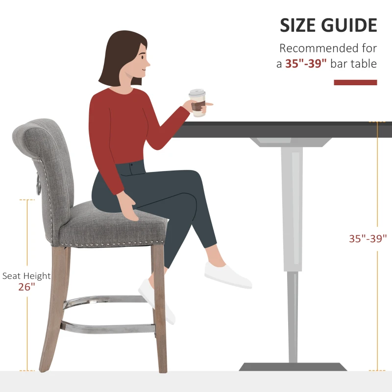 HOMCOM 26"Counter Height Bar Stools Set of 2, Linen Upholstered Tufted Dining Chairs with Steel Footrest, and Solid Wood Legs, Grey