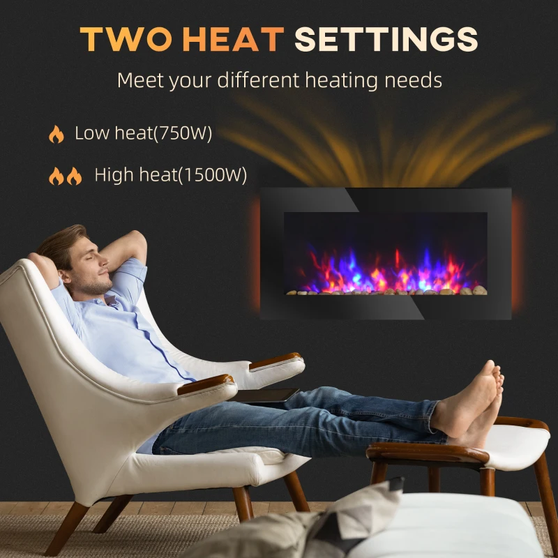 HOMCOM 36" Wall-Mounted Electric Fireplace, 750/1500W Fireplace Heater with Flame Effect, 7 Color Background Light and Side Light, Black