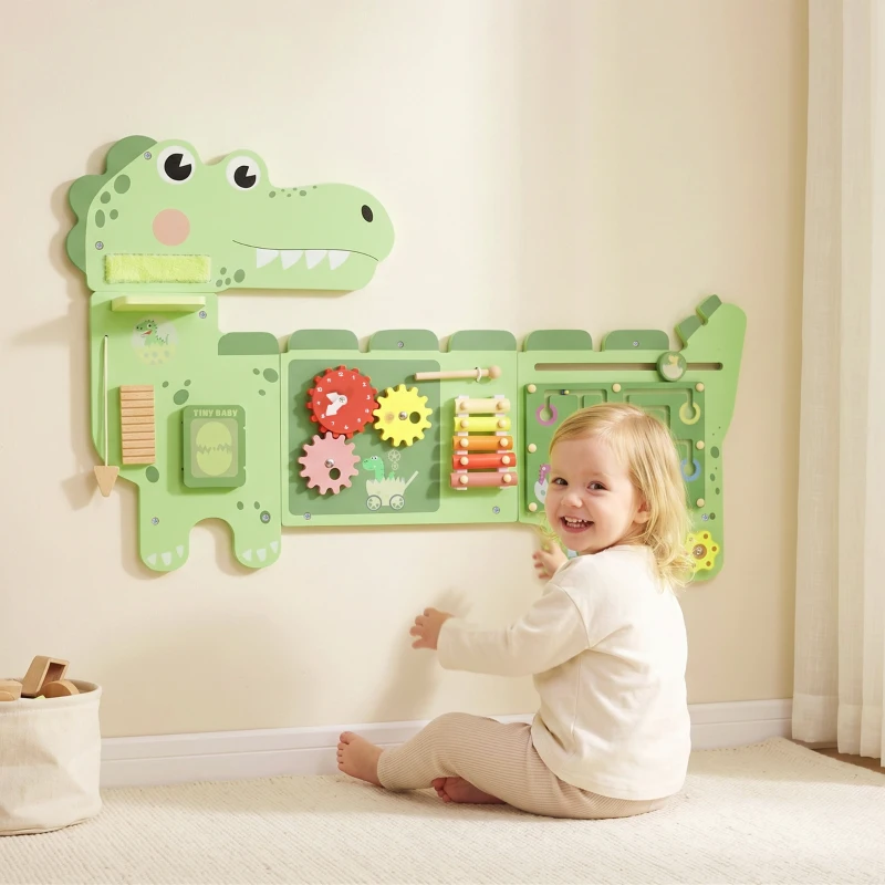 Qaba Busy Board Panels Wall-Mounted Montessori Sensory Toys Sensory Wall MDF 87 x 52 x 5.5 cm Dinosaur, Green